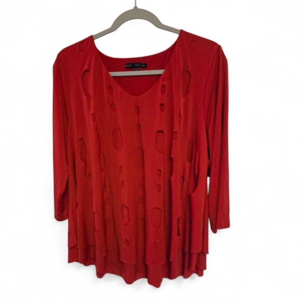 Kozan Red Laser Cut Out Tunic Top Womens XL V-Neck Long Sleeve Layered Hem
